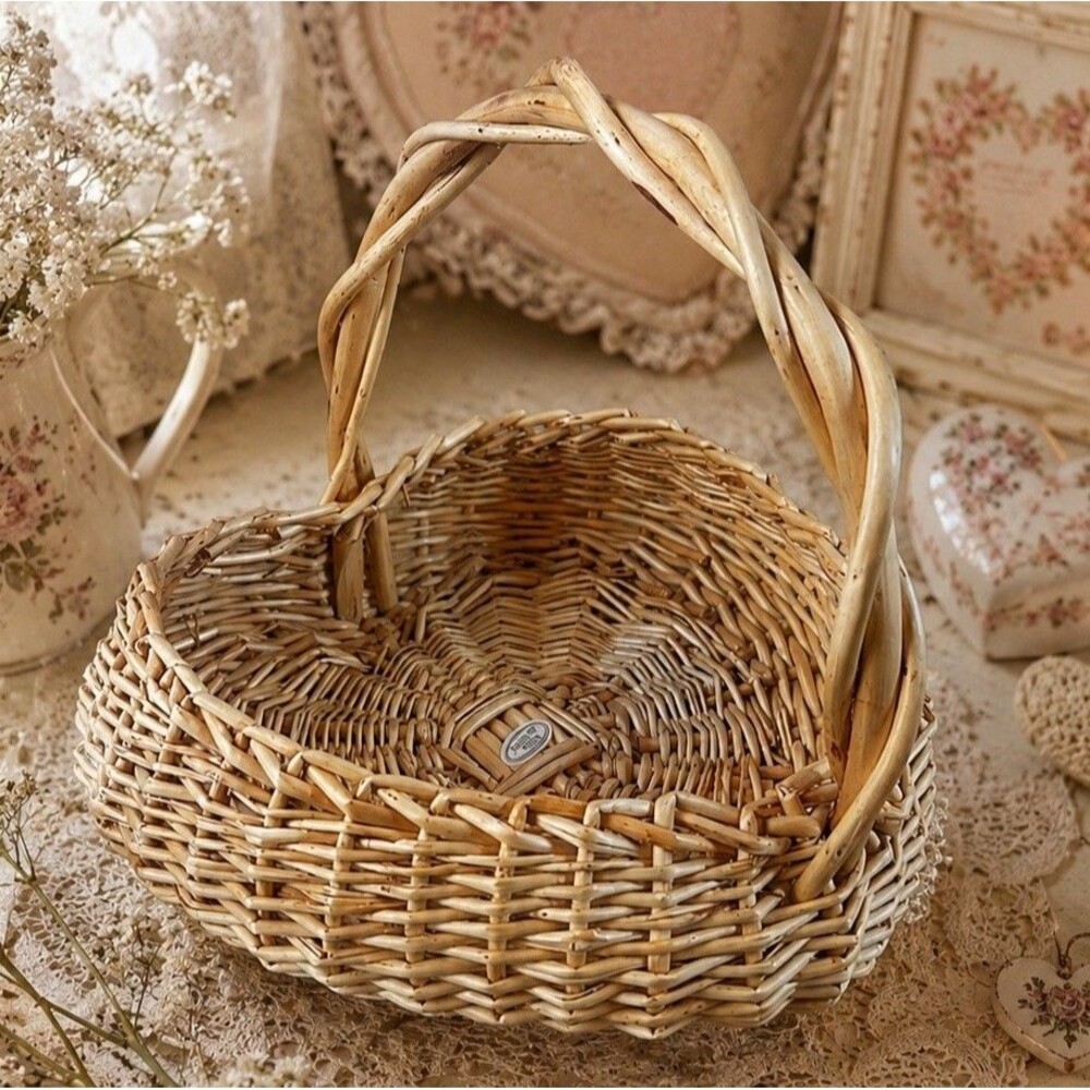 Vintage Wicker Gathering Basket Twisted Handle Rustic Farmhouse Decor Cottage